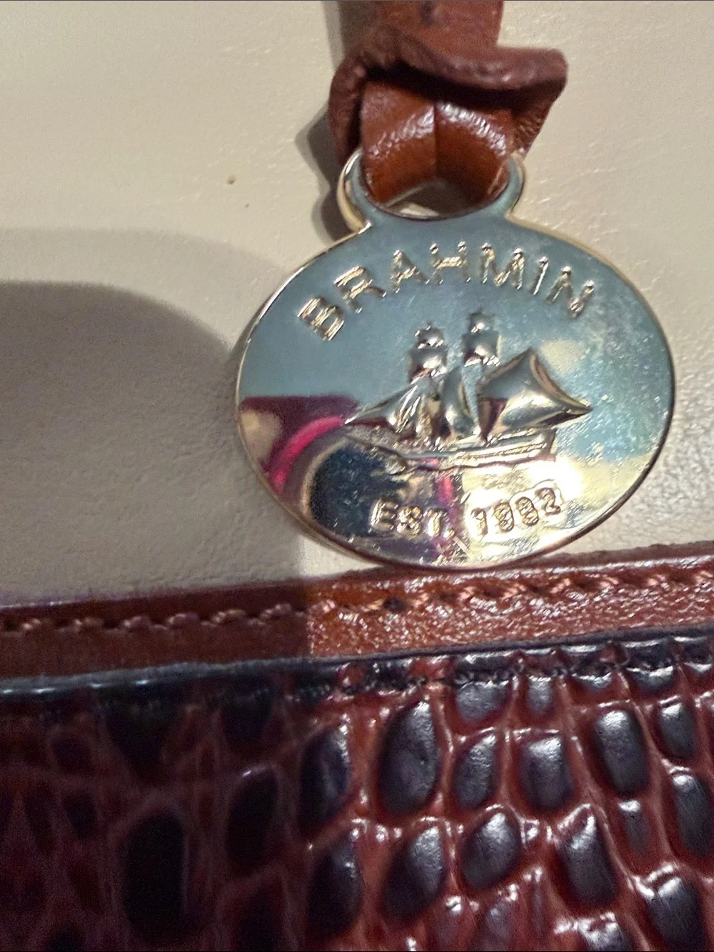 Brahmin Cream Satchel with Brown Croc Trim and Handles